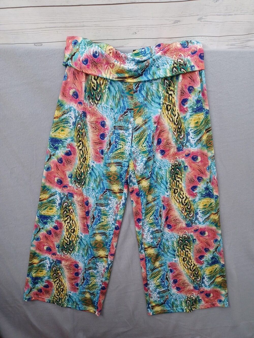 Mimozza Womens Wide Leg Palazzo Pants XL Peacock Yellow Black Stretch Gipsy